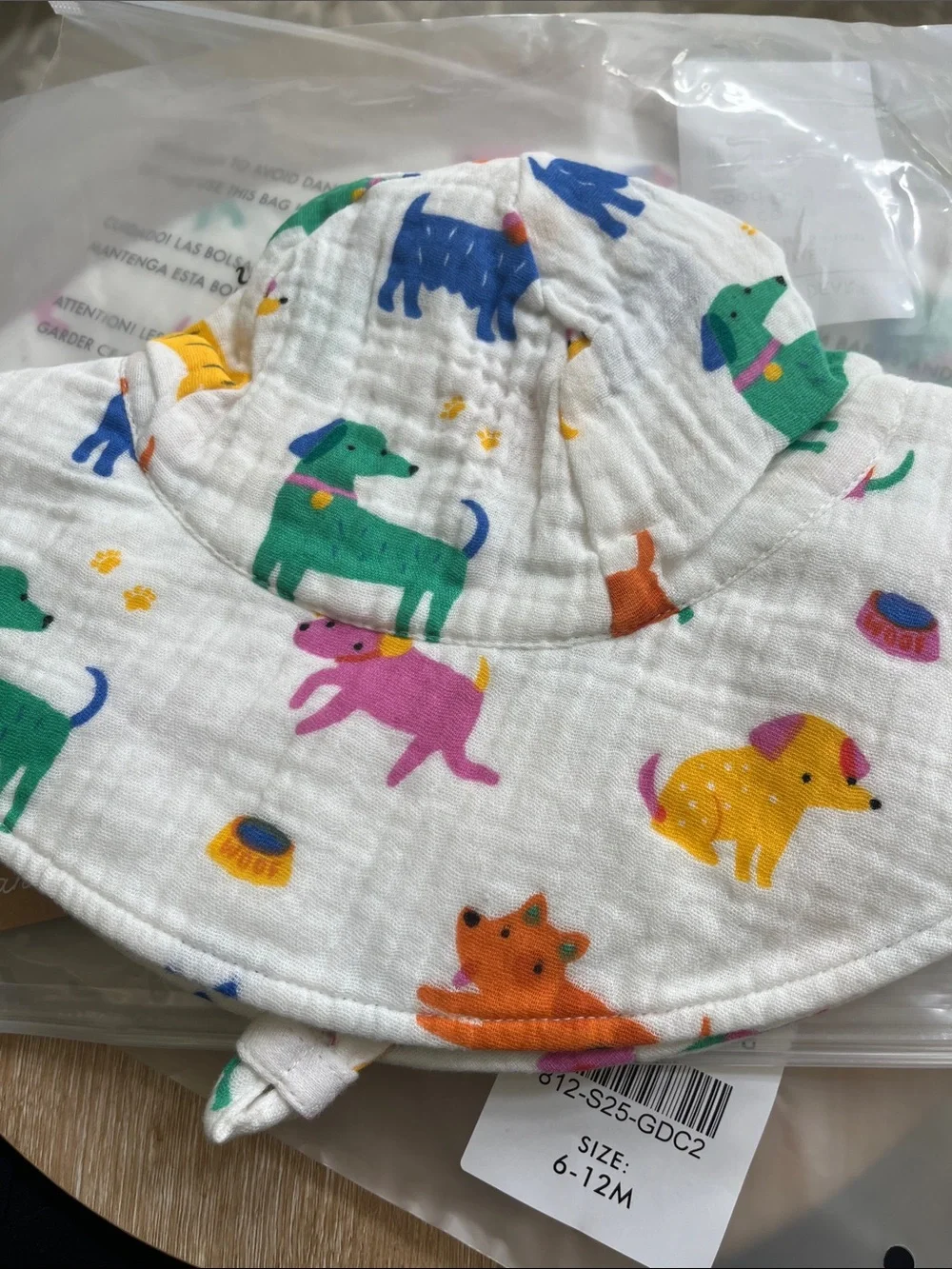 Angel Dear White Sun Hat with Colorful Dog Print NWT